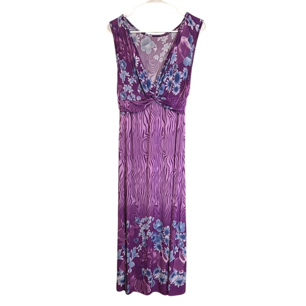 Womens Purple Floral Maxi Dress Sleeveless Deep V Empire Waist Boho M/L